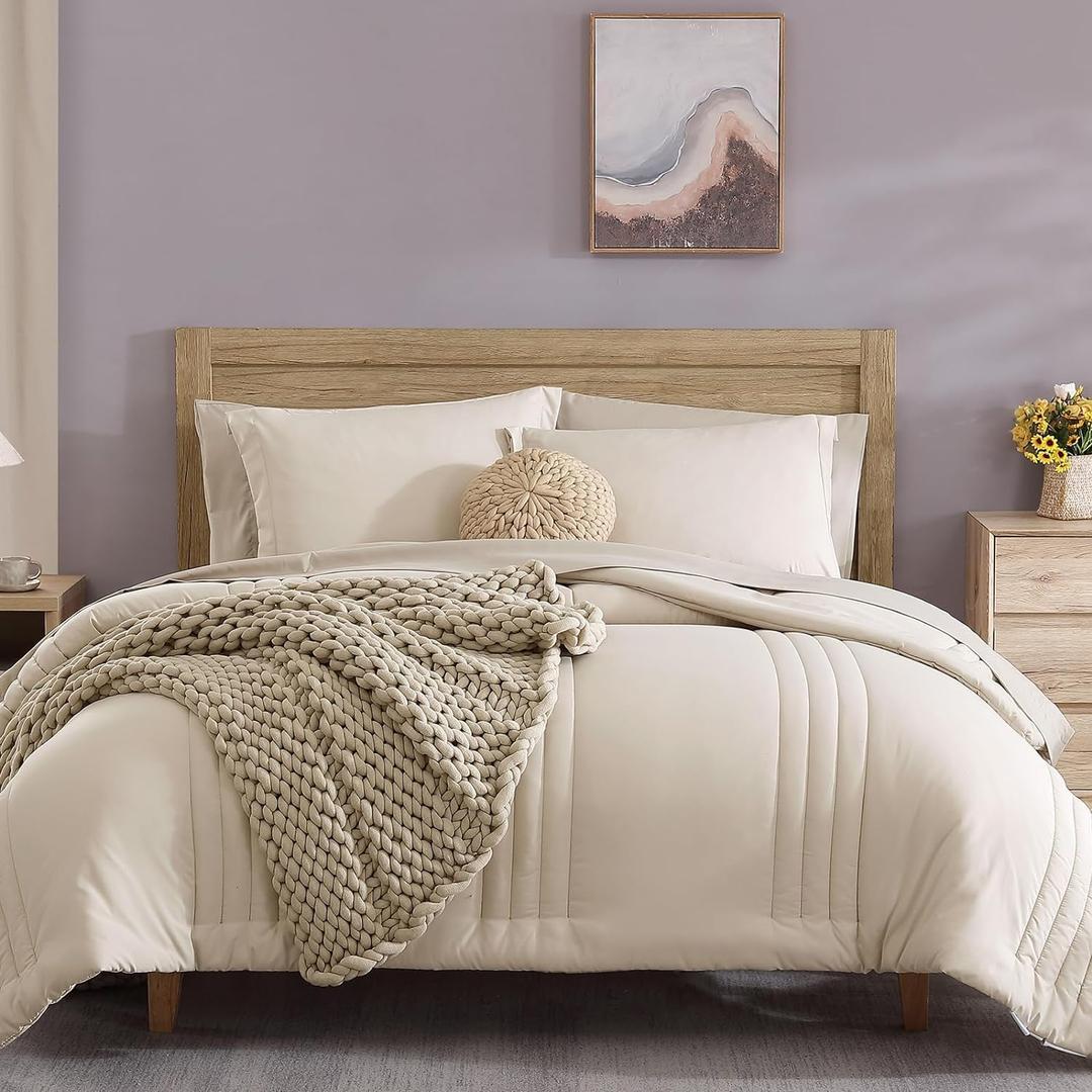 Monbix Twin XL Size Comforter Set - Extra Long 5 Pieces Dorm Bedding Sets, Quilting Design Fluffy Bed in a Bag Twin XL with Sheets, Pillowcase & Sham(Apricot Beige) (5Piece-Twin XL(66X90), Apricot Beige)