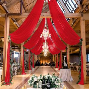 MODFUNS Wedding Arch Drapes - Red Chiffon Sheer Semi-Sheer Tulle Fabric 6 Panels 5x20ft for Banquet Ceiling Decoration