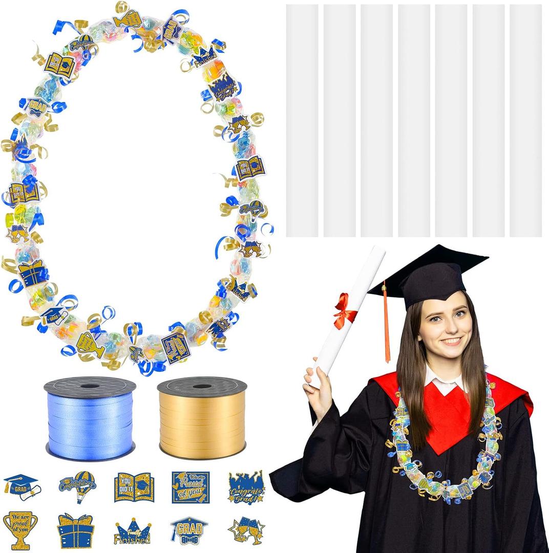 Teling 60 Set Graduation Candy Lei Making Kit Hawaiian Candy Lei Tubing Kit Includes 60 Pcs Candy Lei Bags 2 Rolls Ribbons 600 Pcs Paper Cut for Graduation Party Gift(Dark Blue, Gold)