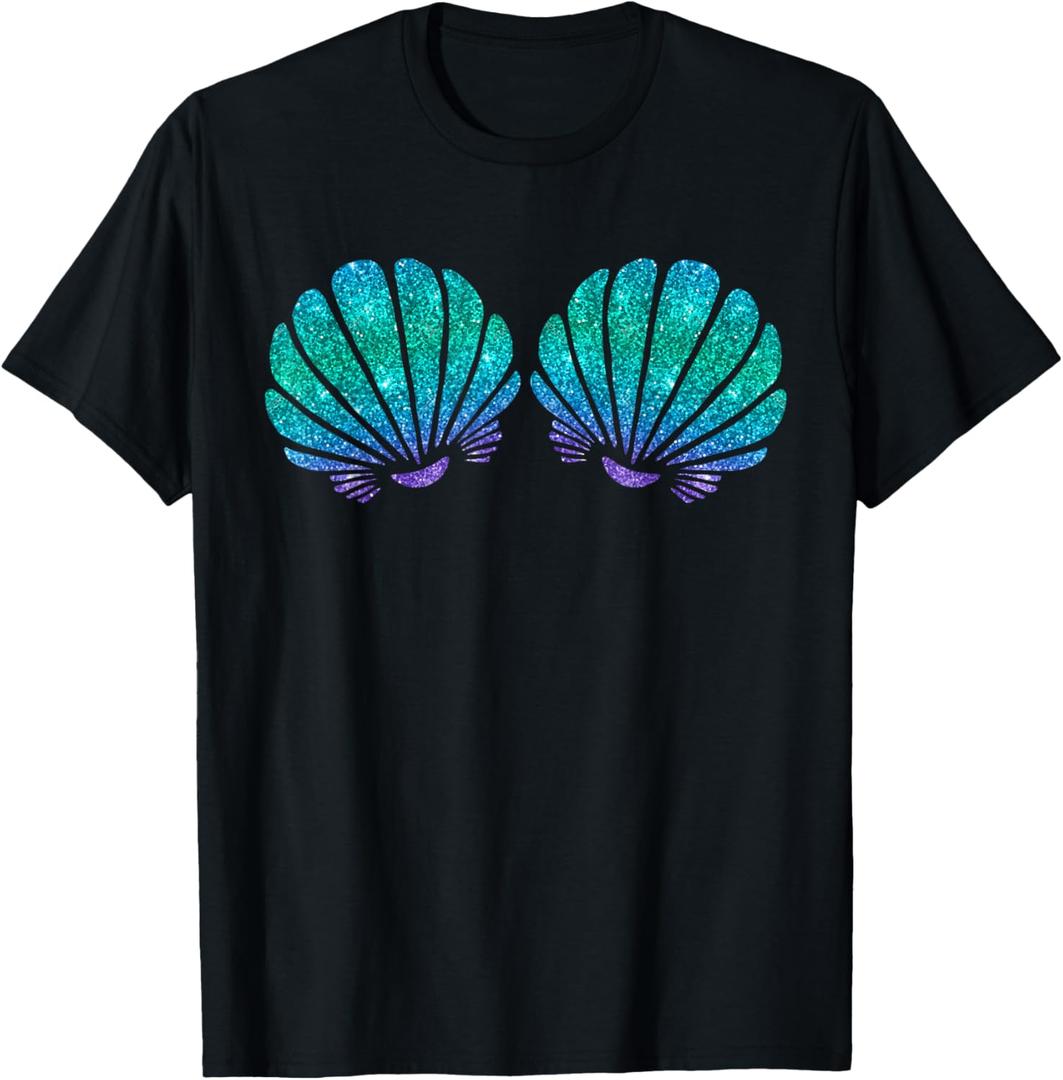 Mermaid Sea Shell Bra Costume T-Shirt, Black, Large