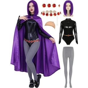 Adult Halloween Costumes Women Purple Hooded Cape with Wig Bodysuit Belt Gemstone Anime Cosplay Party Outfit (Large)