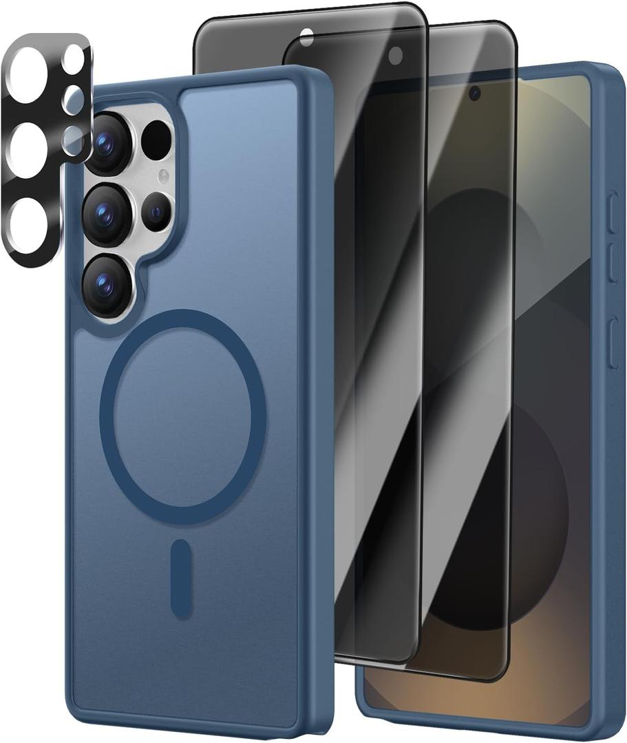 [4 in 1] Magnetic for Samsung Galaxy S25 Ultra Case, 2 Pics Privacy Screen Protectors and 1 Pic Camera Protector, Fit for MagSafe, Military Shockproof Translucent Matte S25 Ultra Cover, Dark Blue
