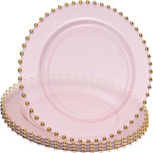 PLASTICPRO Translucent Pink with Gold Rim Plastic Charger Plates with Beaded Edge Pack of 4 13" Elegant Round Disposable Chargers for Weddings, Events, Parties, and Dinners