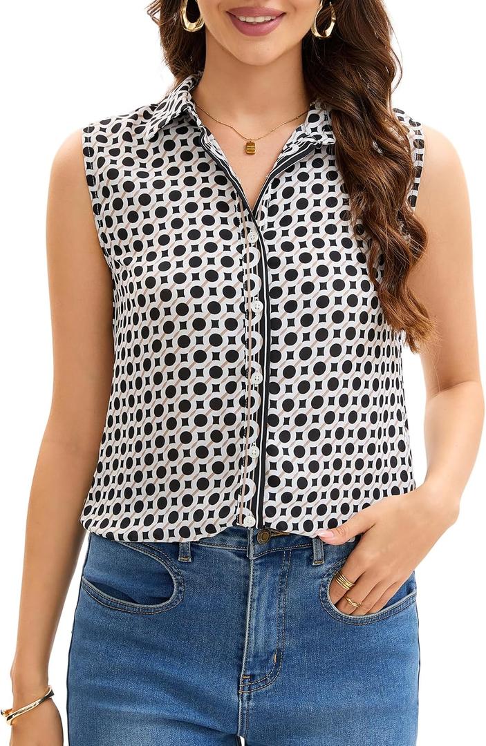 JTD Womens Sleeveless Button Down Shirts Casual Collared Tank Top V Neck Summer Blouses Work Office Chiffon Tops, XL