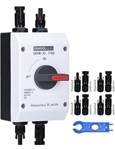 DIHOOL Solar Disconnect Switch 32 Amp DC1200V Isolator with IP66 Waterproof Enclosure for Solar Panels,Batteries,RVs and Boats