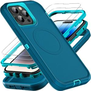 for iPhone 14 Pro Case, Compatible with Magsafe, Military Grade 3 in 1 Heavy Duty Shockproof/Drop Proof/Dust Proof Case with 2Pcs Tempered Glass Screen Protector (New-Blue/Turquoise)