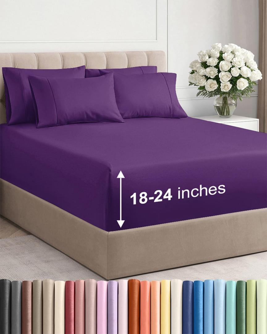 Extra Deep Queen Sheet Set - 6 Piece Breathable and Cooling Sheets - Hotel Luxury Bedding for Women, Men, Kids & Teens - Easy & Secure Fit - Soft, Wrinkle Free and Comfy - Extra Deep Pockets - Purple