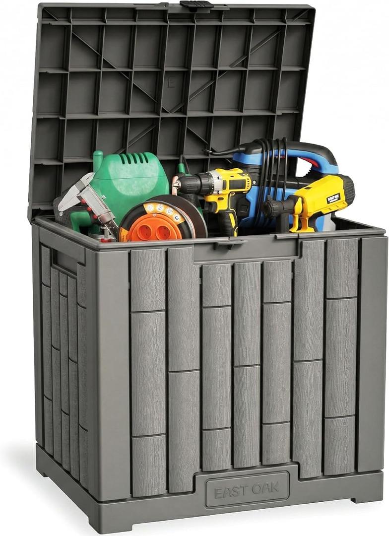 EAST OAK Outdoor Storage Box, 31 Gallon Deck Box Indoor and Outdoor Use, Waterproof Resin Storage Bin for Package Delivery, Patio Cushions, Gardening Tools, Lockable, UV Resistant, Grey