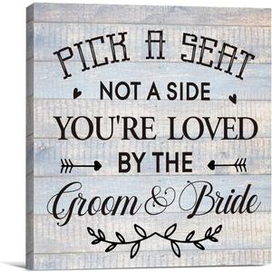 Pack of 10, Wedding Reception Sign Canvas Print Wall Art Decor Pick a Seat Not a Side You're Loved Sign Painting Plaque Rustic Wedding Ceremony Decoration (8 X 8 inch, Framed)