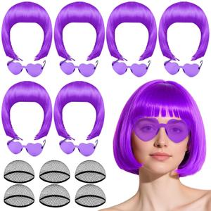 PLULON 6 Pack Purple Bob Wig with Heart Sunglasses and Hair Cap for Women, Colorful Cosplay Costume Neon Short Bob Wigs Funny Hairpieces Daily Bachelorette Halloween Costume Party Decorations