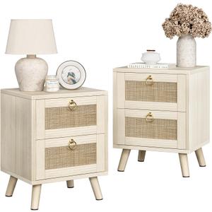 BOLUO Wood Night Stand Set 2, Small Nightstand with 2 Drawers Boho Nightstands Wooden Rattan Bedside Table for Bedroom Beige