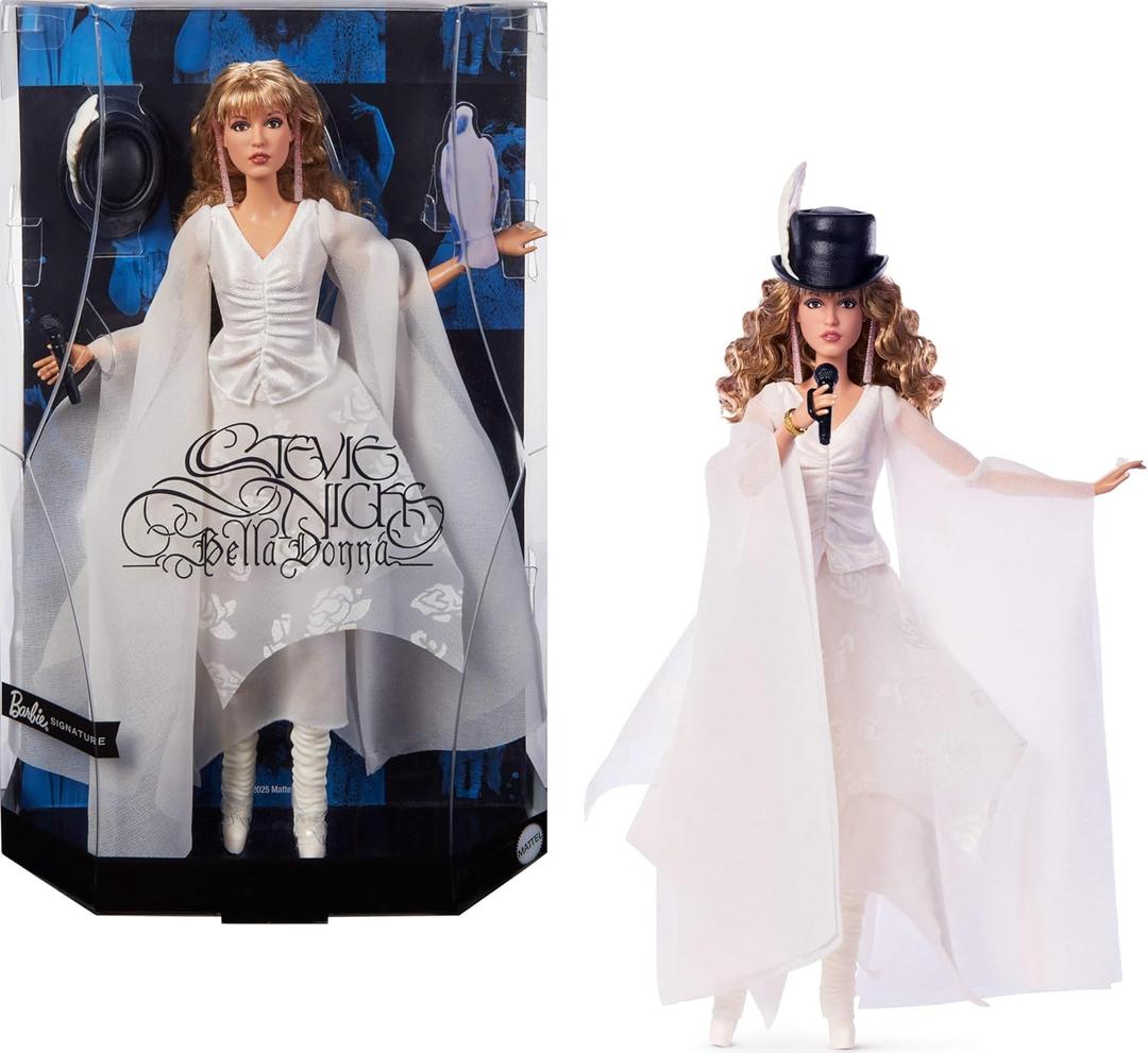Barbie Signature Doll, Stevie Nicks Bella Donna Collectible Wearing Flowing White Dress with Hat & Mic Accessories, Includes Doll Stand