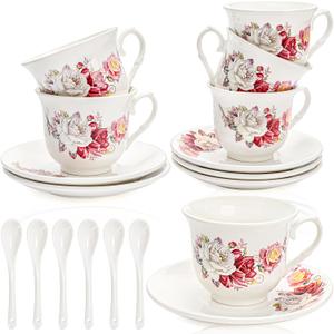 WRINGKIT Tea Cups and Saucers Set of 6, 6 Oz Porcelain Floral Tea Cups with Spoon, Bone China Coffee Cup Saucer Gift Set for Cappuccino, Espresso, Latte, Cafe Mocha, Microwave Safe