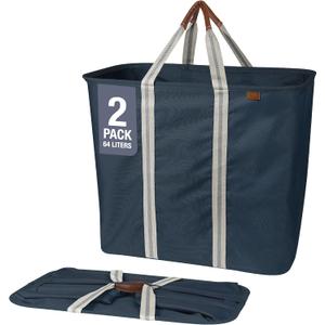 CleverMade Collapsible Laundry Caddy  Foldable Laundry Hamper & Tote, XXL 64L Pop-Up Laundry Basket with Handles, Space-Saving Laundry Organizer for Home & Travel, 2 Pack - LUXE Navy Noir