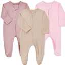 Aablexema Baby Pajamas Bamboo Rayon Zipper, 3pcs Unisex Infant Outfit with Mitten One Piece Footie Sleepwear (Newborn, Beige & Pink & Purple)