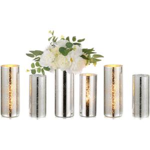 Glass Cylinder Vases Set of 6, Hewory Glittery Silver Vase for Centerpieces, Hurricane Candle Holders for Pillar or Floating Candle, Round Tall Vase for Wedding Anniversary Events Home Table Decor