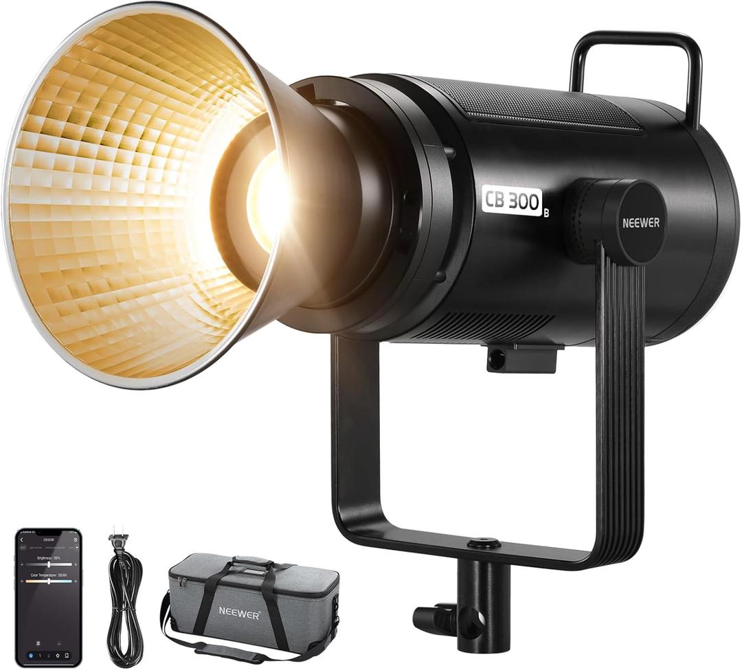 NEEWER CB300B 320W LED Video Light with 2.4G/APP Remote Control, All Metal Bi Color COB Continuous Output Lighting with Bowens Mount 150000lux/1m 2700K-6500K CRI/TLCI97+ 12 Effects for Video Recording
