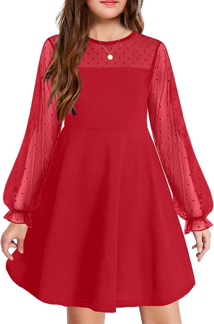 Arshiner Girls's Contrast Mesh Puff Long Sleeve Party Dress with Pockets (Red, 16)