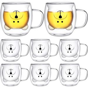Eccliy 8 Pcs Cute Bear Mugs Bear Tea Cup 8.5 oz Double Wall Glass Honey Milk Coffee Mug with Handle Insulated Glass Espresso Cups Birthday Gift for Women Men Gift