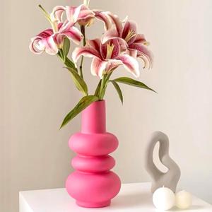 BLOFLO Hot Pink Ceramic Vase, Colorful Ceramic Vase, Modern Dried Flower Vases, Pink Round Vase for Centerpieces Wedding Dinner Table Party Office, Housewarming Gift (3 Layers Pink)