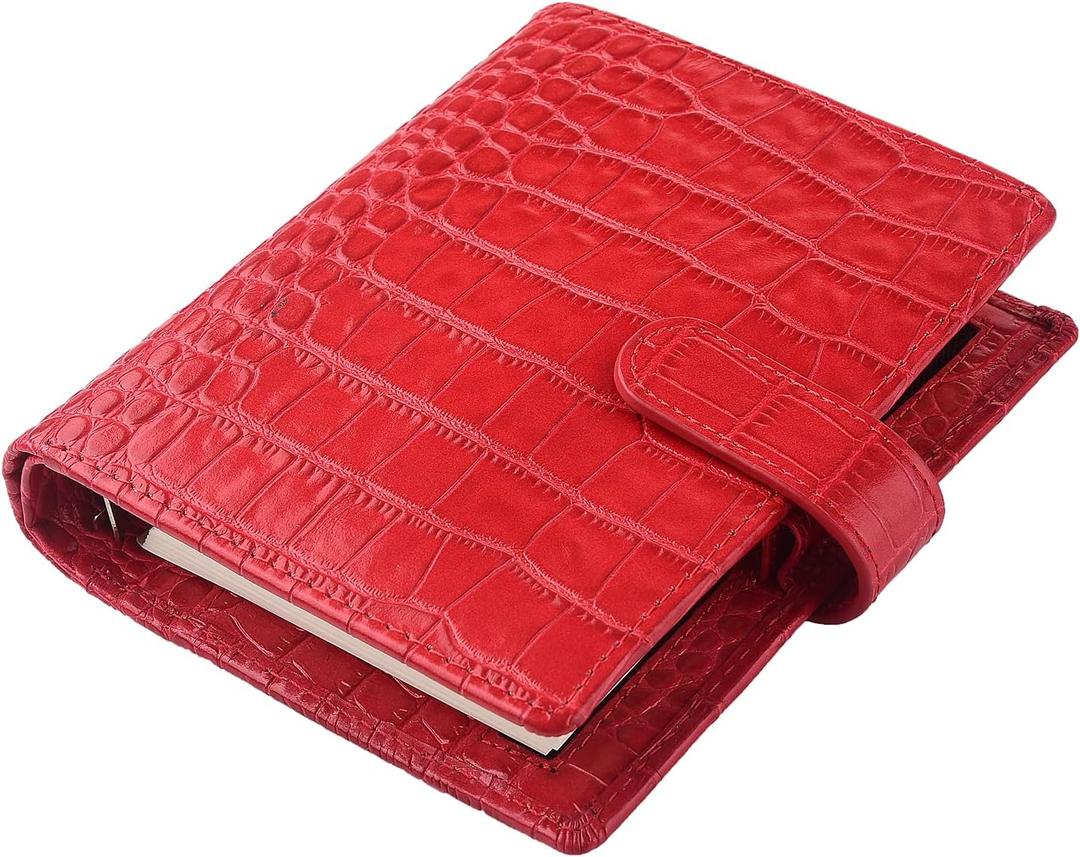 7Felicity Budget Binder,Leather Rings Planner, 6-Ring Pocket Organizer Notebook Cover (Croco-Red)