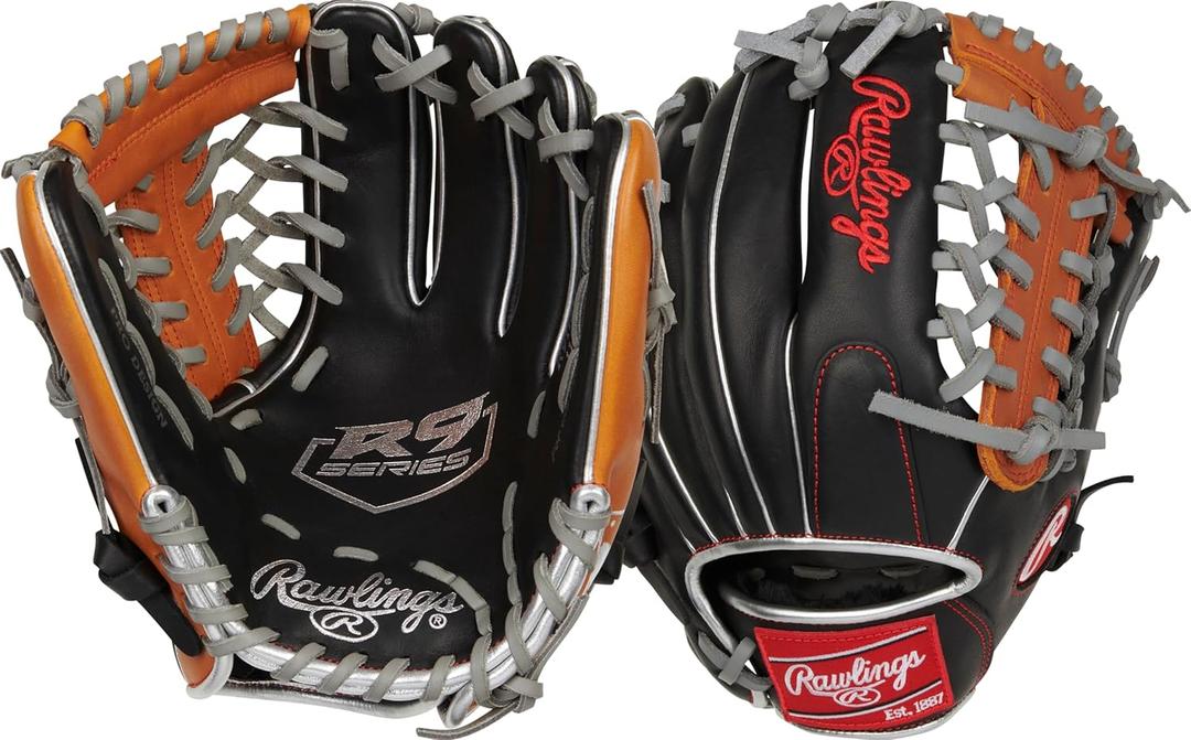 Rawlings | R9 Youth Contour FIT Baseball Glove | Sizes 11" - 12" | Multiple Styles (11.5" | Infield/Pitcher, Black / Tan | Modified Trap-Eze Web)