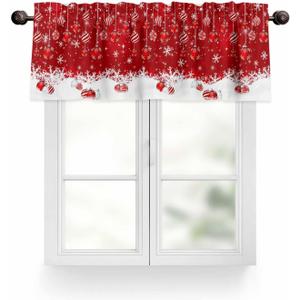 Christmas Window Valance Winter Snowflakes Window Treatment Merry Christmas Ball Ornaments Rod Pocket Curtain Valance,54x18 inch Xmas Snowflake Sparkle Red Kitchen Valance for Bathroom Cafe