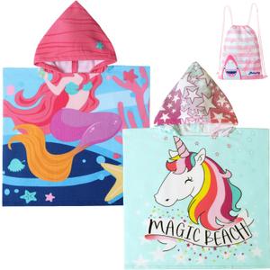 2Pcs Unicorn and Mermaid Kids Bath Pool Beach Hooded Poncho Super Soft & Absorbent Towel with Storage Bag