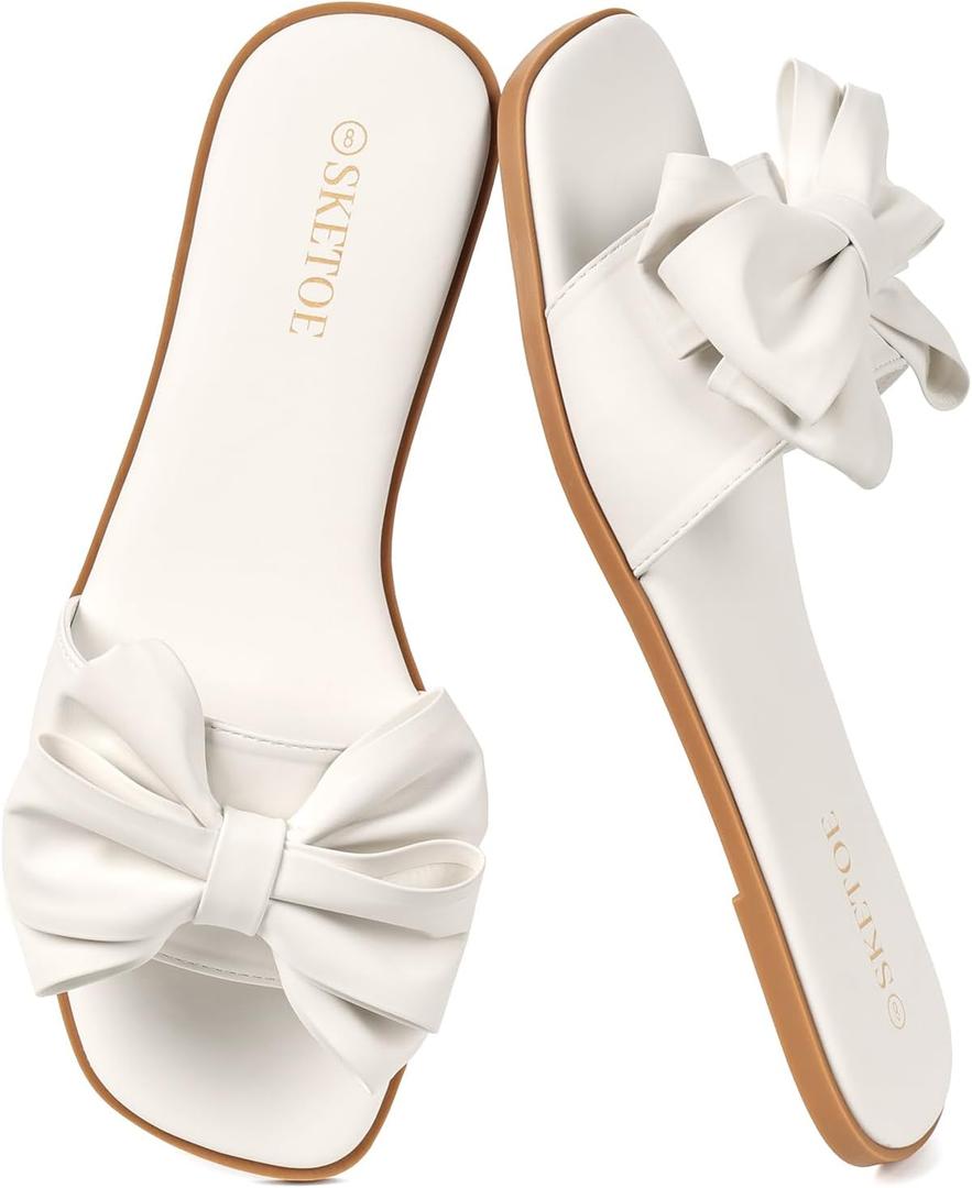 Women's Bow Flat Sandals Open Saquare Toe Sandals Comfortable Slide Slip On Sandals for Wedding Beach Vacation (White, 8.5)