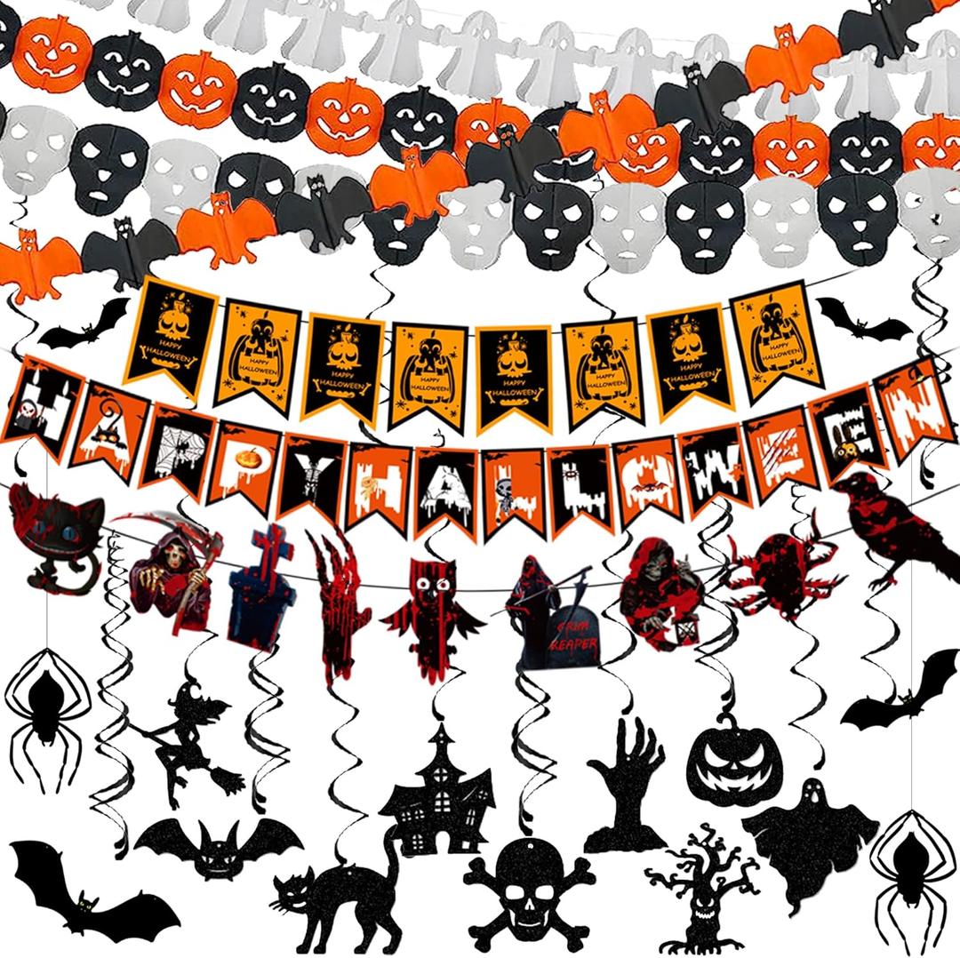 Halloween Decor Indoor - Hanging Swirl Ceiling & Wall Party Decor with Bats, Spiders, Pumpkins, Skulls, Ghosts Banner Halloween Decorations Indoor Outdoor Supplies