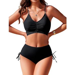 High Waisted Bikini Sets for Women Tummy Control Swimsuits Front Ruched Two Piece Drawstring Bathing Suit (X-Large, Black)