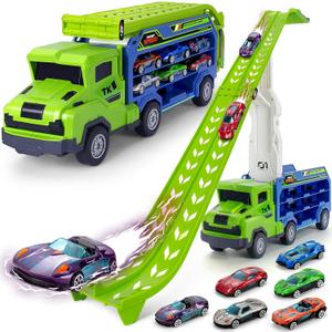 BainGesk Truck Toys Car for 3, 4, 5, 6 Years Old Boys, Carrier Race Truck Toys, Foldable 2 Layer Transport Car Toys with 27 in Race Track and 6 Metal Cars, Birthday Gifts for Toddler Boys Girls (Green)