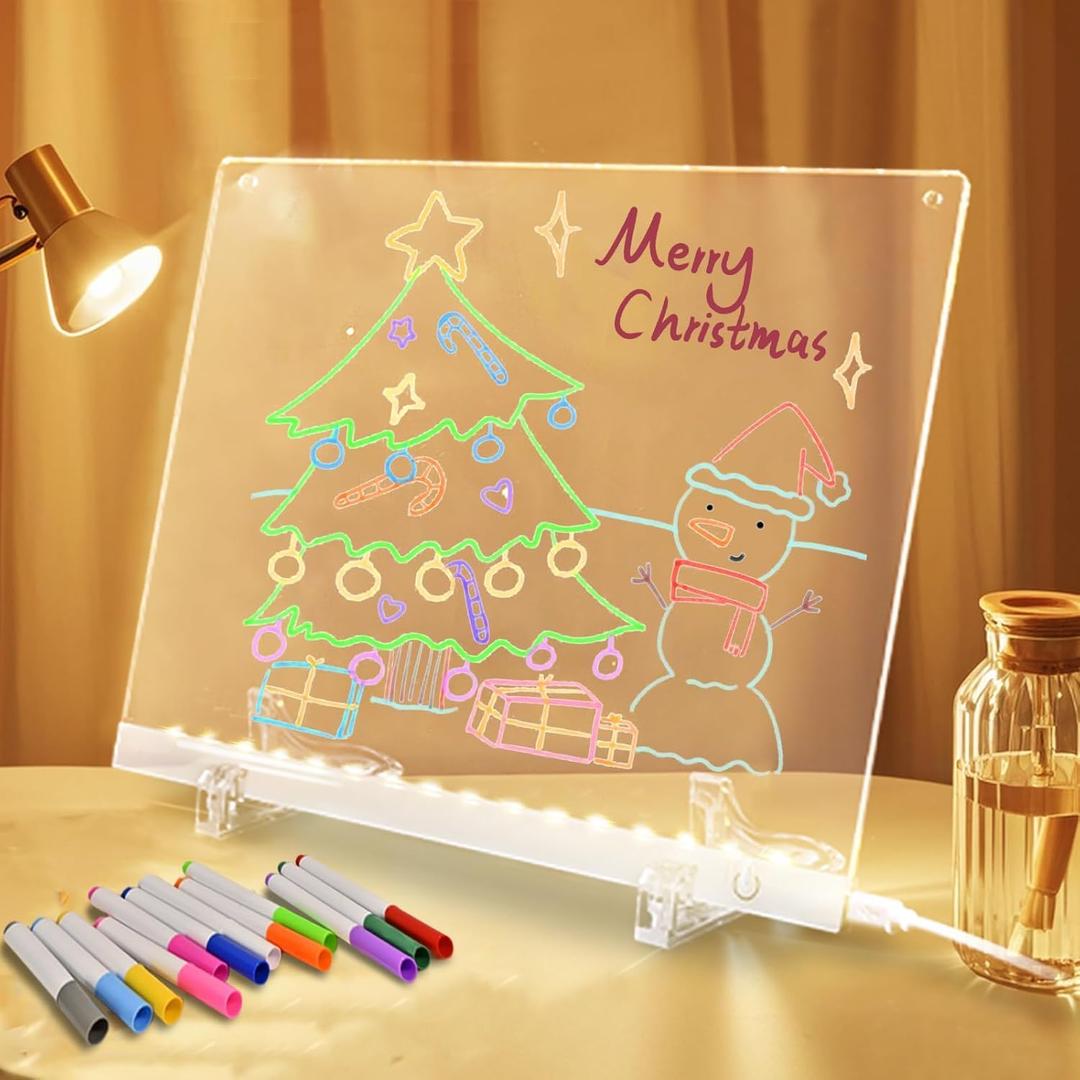 Acrylic Dry Erase Board with LED Light -11.8"x8.5" Clear Glowing Memo,Brightness Level Adjustment,12 Color Markers, Ideal for Office/Home/Kids (Standard Edition)
