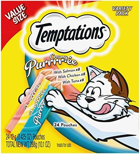 Temptations Creamy Puree Squeezable Lickable Cat Treats, Wet Cat Treats with Chicken, Salmon, and Tuna Variety Pack, 0.42 oz. Tubes, 24 Count