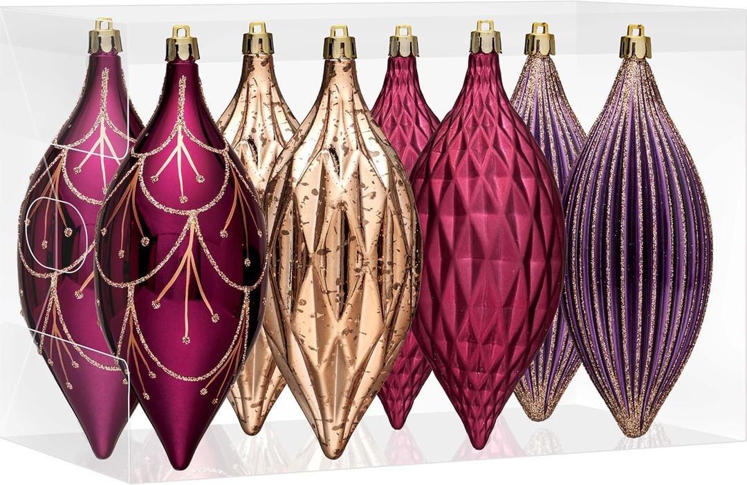 JORNOY Finial Drop Christmas Ornaments for Tree Decorations, 150mm/6inch Shatterproof Plastic Hanging Large Tear Drop Baubles Bulk for Holiday Home Party Decor with String, 8 Pack, Jewel Tone