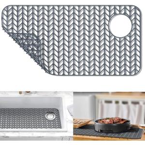 AWOKE Sink Protectors for Kitchen Sink,Kitchen Sink Protector Mat - 28.6" x 14.5" Heat-Resistant Silicone Folding Non-Slip Mat for Stainless Steel Sink with Right Drain (Grey)