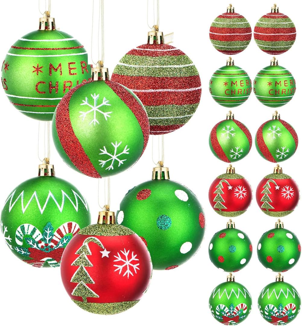 12 Pcs 3.15 Inch Christmas Ball Ornaments, Christmas Tree Decorations Set, Glittering Plastic Hanging Decoration, Elf Balls Swirl Candy Cane Peppermint for Grinchs Christmas Decorations