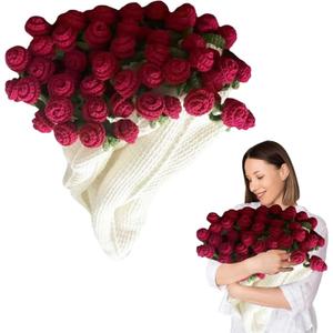 Finished Rose Bouquet Blanket, 43.3 in Handmade Crochet Flower Bouquet Blanket, Knitted Throw Blankets for Birthday Wedding Valentine's Day Home Decor(Roses,1.1M)