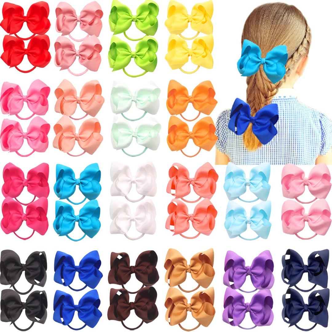 CLLOT 40Pcs 4.5 Inches Boutique Pops Hair Bows Elastic Hair Ties Grosgrain Ribbon Big Cheer Bow Ponytail Holder Rubber Hair Bands for Baby Girls In Pairs