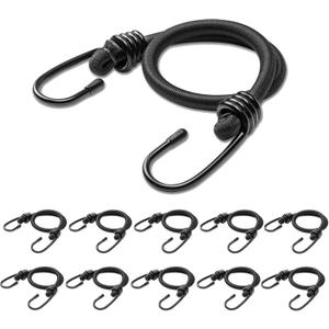 12inch Bungee Cords with Hooks,10Pcs Heavy Duty Extra Strong Outdoor Elastic Rope,Multi-Purpose Elastic Bungee Straps for Luggage, Camping, Tarps, Bike Rack, Outdoor Tent, Weatherproof, Black