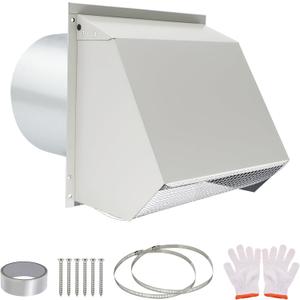 Upgraded 8 Inch Hooded Wall Vent, Outdoor Wall Exhaust Vent Cover Wall Cap with Screen & Damper for Exterior Kitchen Range Hood, Ventilation Dryer, HVAC Duct Air Exhaust, Galvanized Steel, White