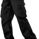 Comdecevis Men's Casual Cargo Pants Workout Joggers Stretch Sweatpants Hiking Drawstring Tactical Pants with Multi Pockets (3X-Large, Black)