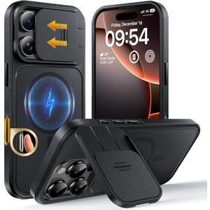 TOCOL for iPhone 16 Pro Max Case with Slide Camera Cover, Kickstand and Camera Control Button, Fit for MagSafe, Rugged Solid Phone Case, Non-Slip, Drop Protection, Space Black