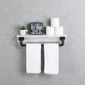 MBQQ Industrial Pipe Shelf,Rustic Wall Shelf with Towel Bar,24" Farmhouse Towel Racks for Bathroom,Floating Shelves Wall Mounted Home Decor Wooden Shelving,Black & White
