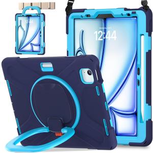 BATYUE Case for iPad Air 11-inch M3 (2025) / M2 (2024), iPad Air 5th/4th 10.9 inch(2022/2020), iPad Pro 11" 4th/3rd/2nd/1st, Kids Cover with 360 Rotating Stand, Pencil Holder, Strap, NavyBlue (A02-No screen protector(NavyBlue))