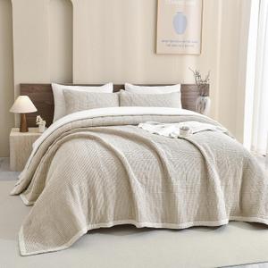 CozyTide Oversized King Bedspread(118"x106"),100% Cotton Waffle Weave Lightweight California King Quilt Summer Luxury Light Khaki Extra Large King Bedspreads & Coverlets 3 Pieces,  2-light Khaki
