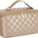 Large Capacity Travel Cosmetic Bag  Portable Makeup Bags for Women Waterproof PU Leather Checkered Makeup Organizer Bag with Dividers and Handle,Toiletry Bag for Cosmetics, Khaki