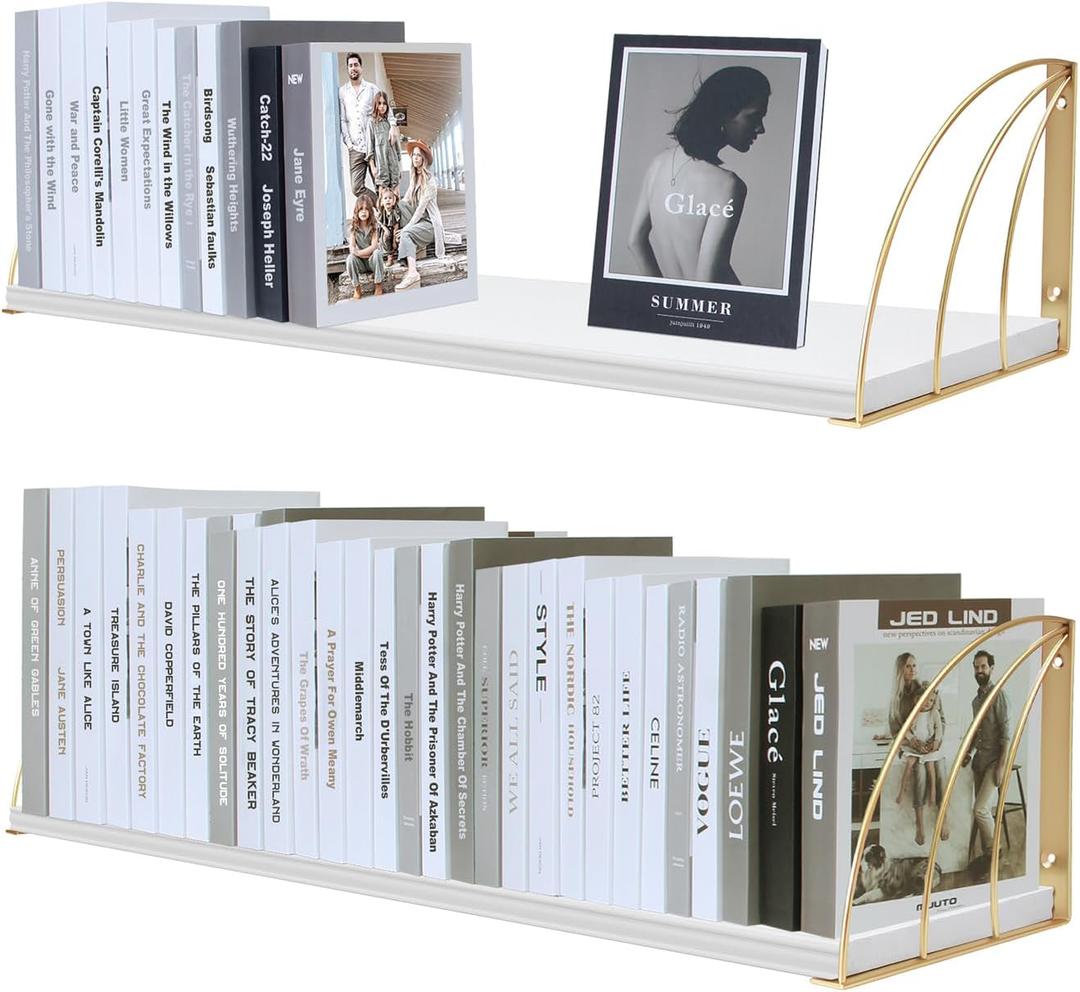 Gold White Shelves Pine Wood 23.5×7.87 Inch Book Shelf for Wall with Elegant Lines,Gold Floating Shelves,White Floating Bookshelf,Long Gold Shelve for Floating Book Shelf Set of 2