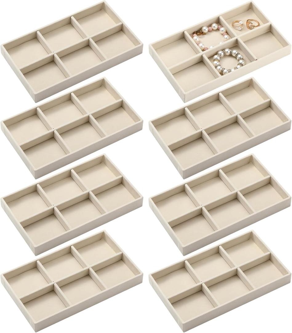 Highergo 8 Pcs Small Velvet Jewelry Trays Stackable Drawers Organizer Ring Earring Storage Trays, 8.3x4.7x1''(6 Grids)