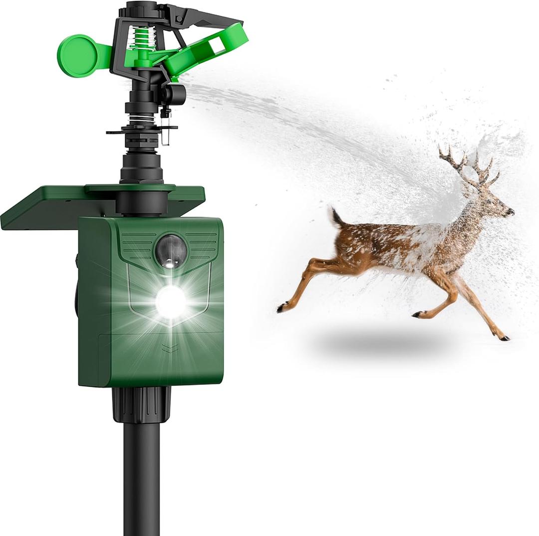 Motion Activated Animal Repeller with Water Sprinkler, Deer Repellent Devices Solar Powered, IP65 Waterproof Cat Repellent Outdoor with Flashing Light, Deter Deer Foxes Skunks Raccoons from Garden